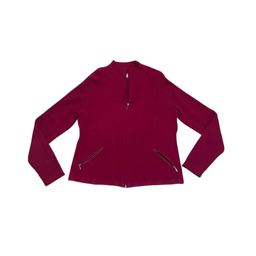 Chicos Size 2 Lg Misha Wool Full Zip Ribbed Sleeve Jacket Redwood Pink Red NWT